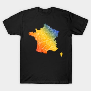 Colorful mandala art map of France with text in blue, yellow, and red T-Shirt